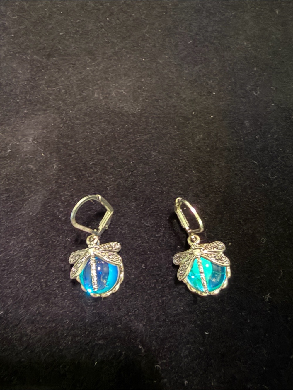Dragonfly Drop Earrings with Blue-Green Crystal - Picture 2 of 2